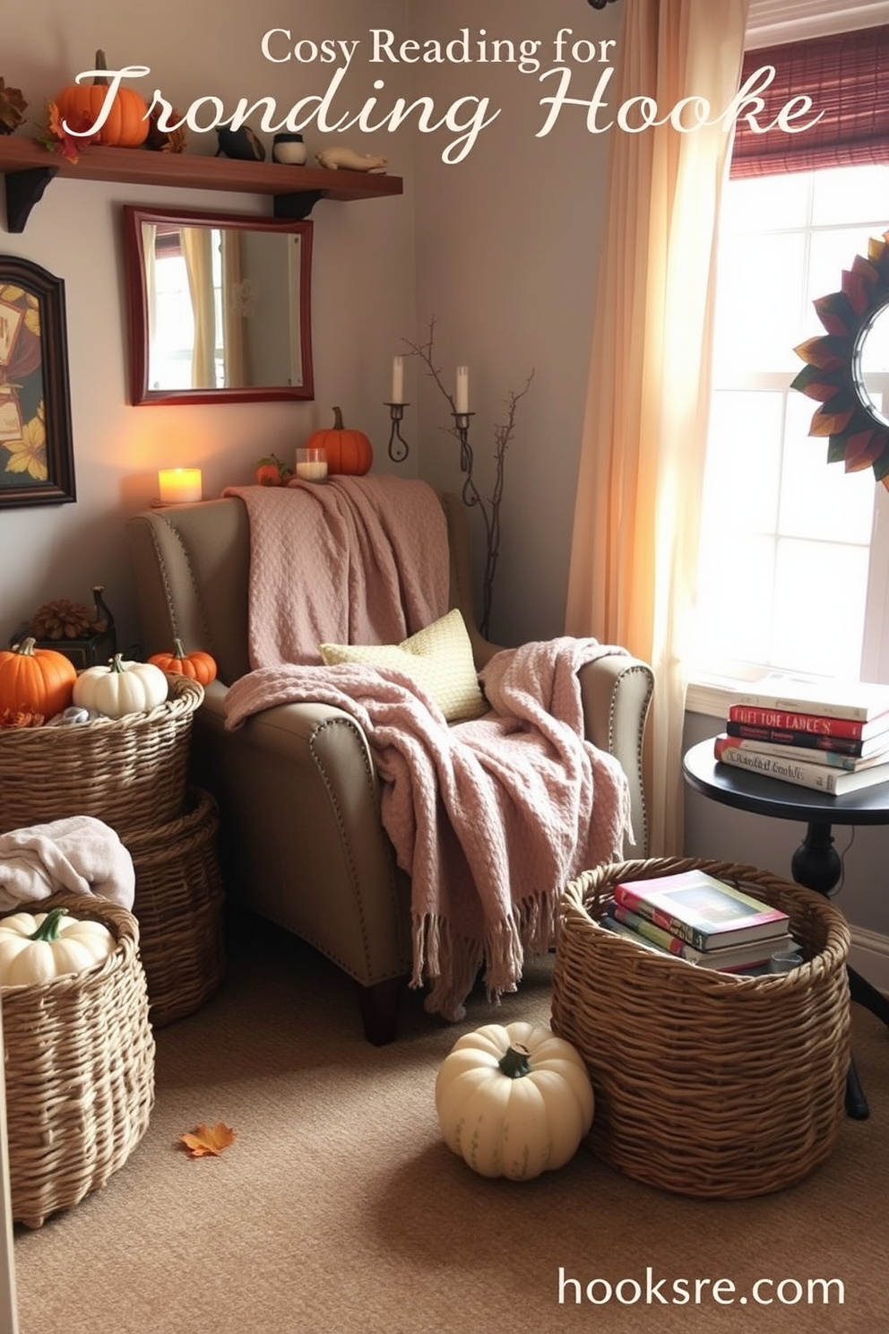 A cozy reading nook designed for Thanksgiving features a comfortable armchair draped with a soft blanket. Woven baskets are placed nearby to store additional blankets, creating an inviting atmosphere for relaxation. The nook is adorned with warm autumnal decor, including pumpkins and candles. A small side table holds a stack of seasonal books, enhancing the perfect setting for enjoying a quiet afternoon.