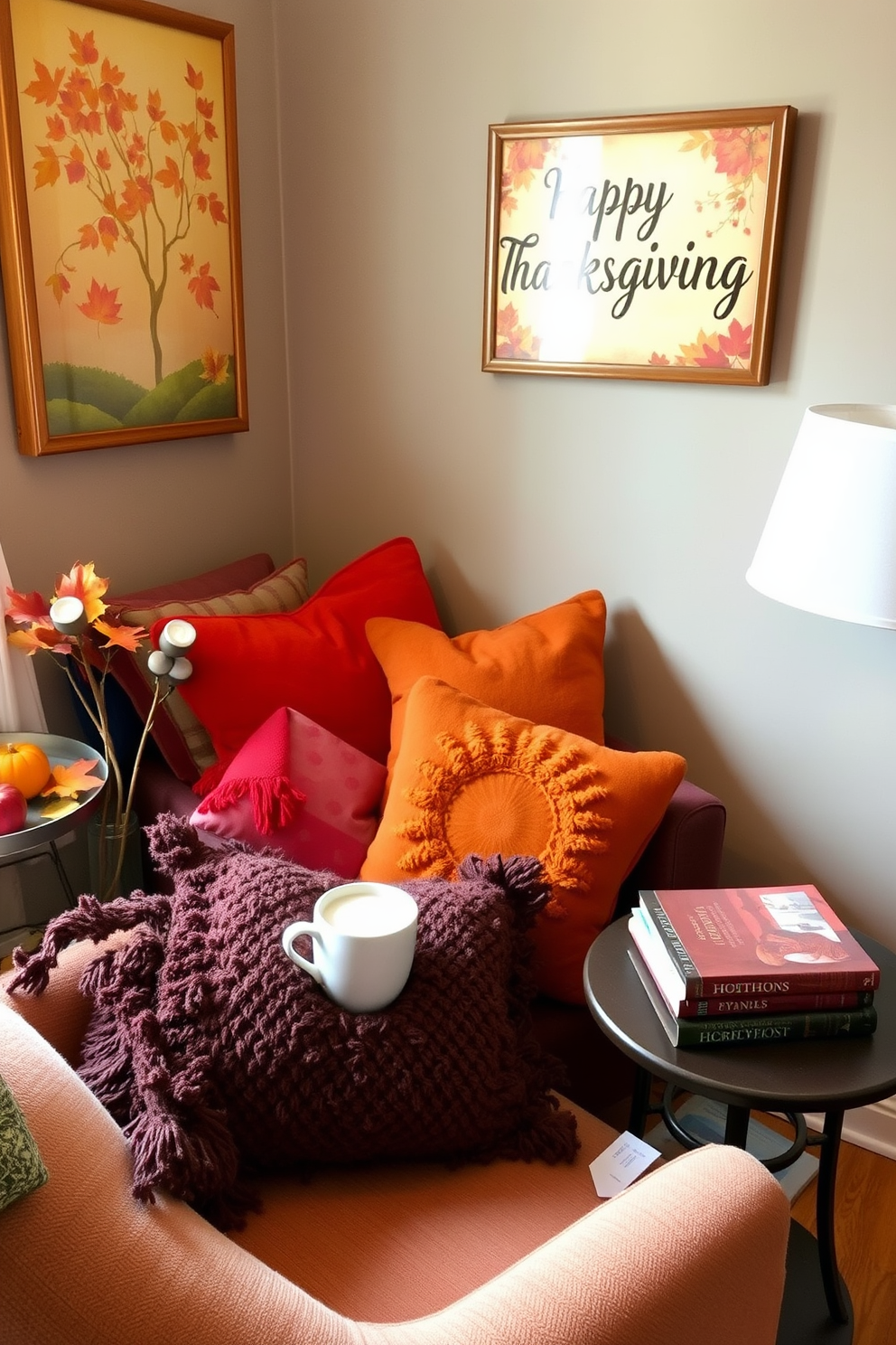 A cozy reading nook adorned with seasonal artwork celebrating Thanksgiving. Plush cushions in warm autumn colors are scattered on a comfortable armchair, while a small side table holds a steaming mug and a stack of favorite books.