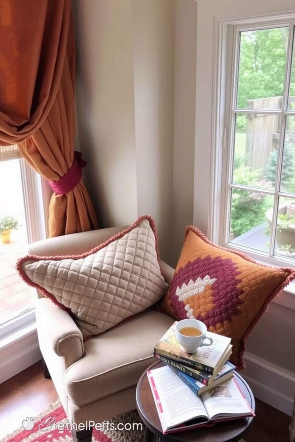 A cozy reading nook adorned with quilted throw pillows in warm colors creates an inviting atmosphere. The space features a comfortable armchair positioned next to a large window, with a small side table holding a steaming cup of tea and a stack of favorite books.