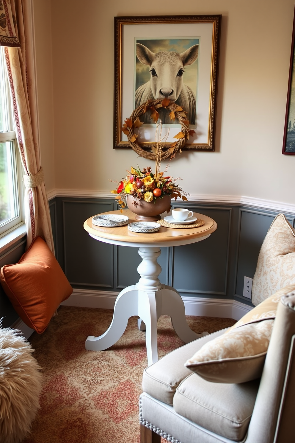 A cozy reading nook featuring a small round table perfect for snacks and drinks. The table is adorned with a festive Thanksgiving centerpiece, surrounded by plush seating and warm, inviting colors.