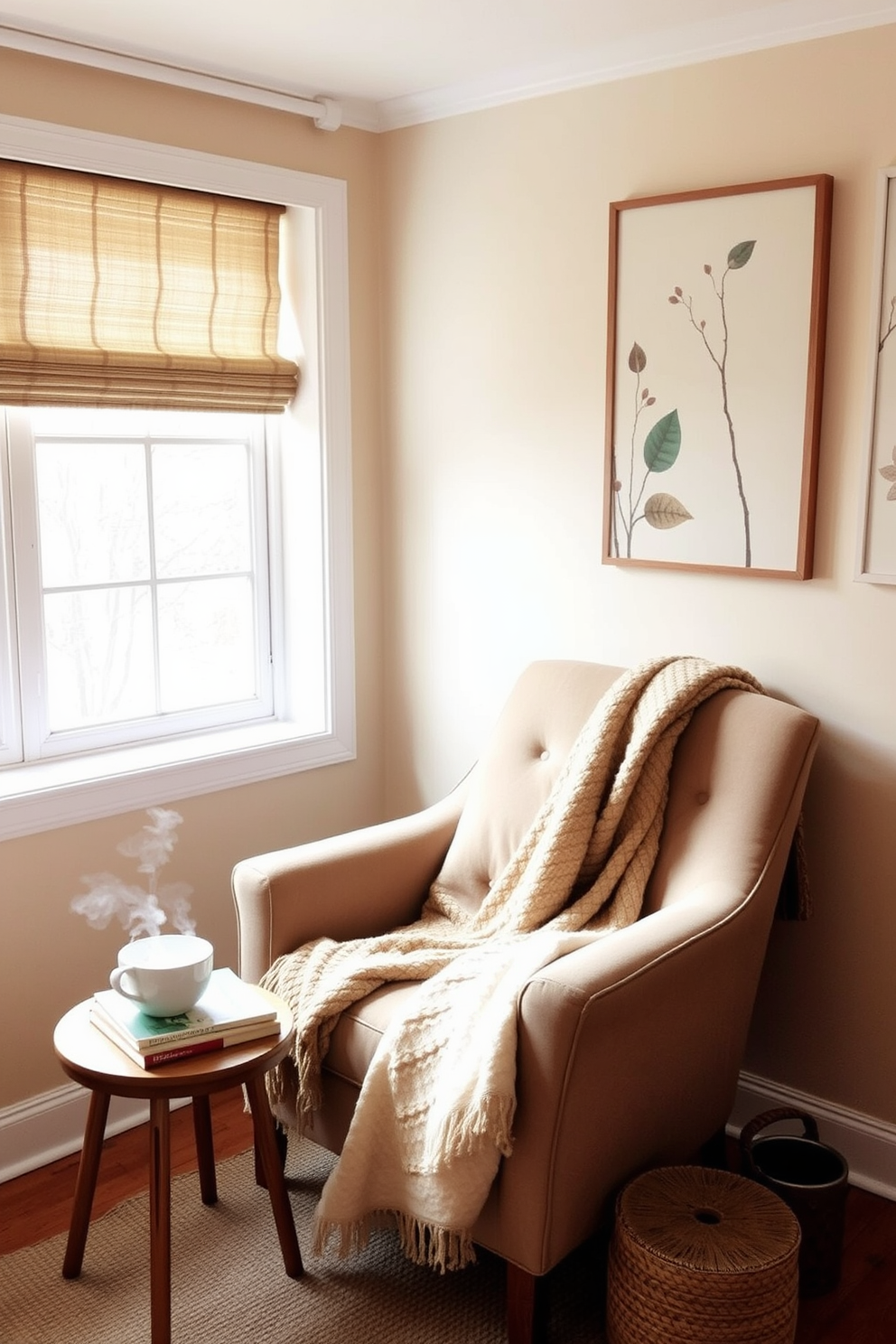 A cozy reading nook inspired by nature with soft, earthy tones. The walls are adorned with nature-inspired prints featuring leaves and trees, creating a serene atmosphere. A plush armchair is positioned near a window, inviting relaxation with a warm throw blanket draped over it. A small wooden side table holds a stack of books and a steaming cup of tea, enhancing the inviting ambiance.