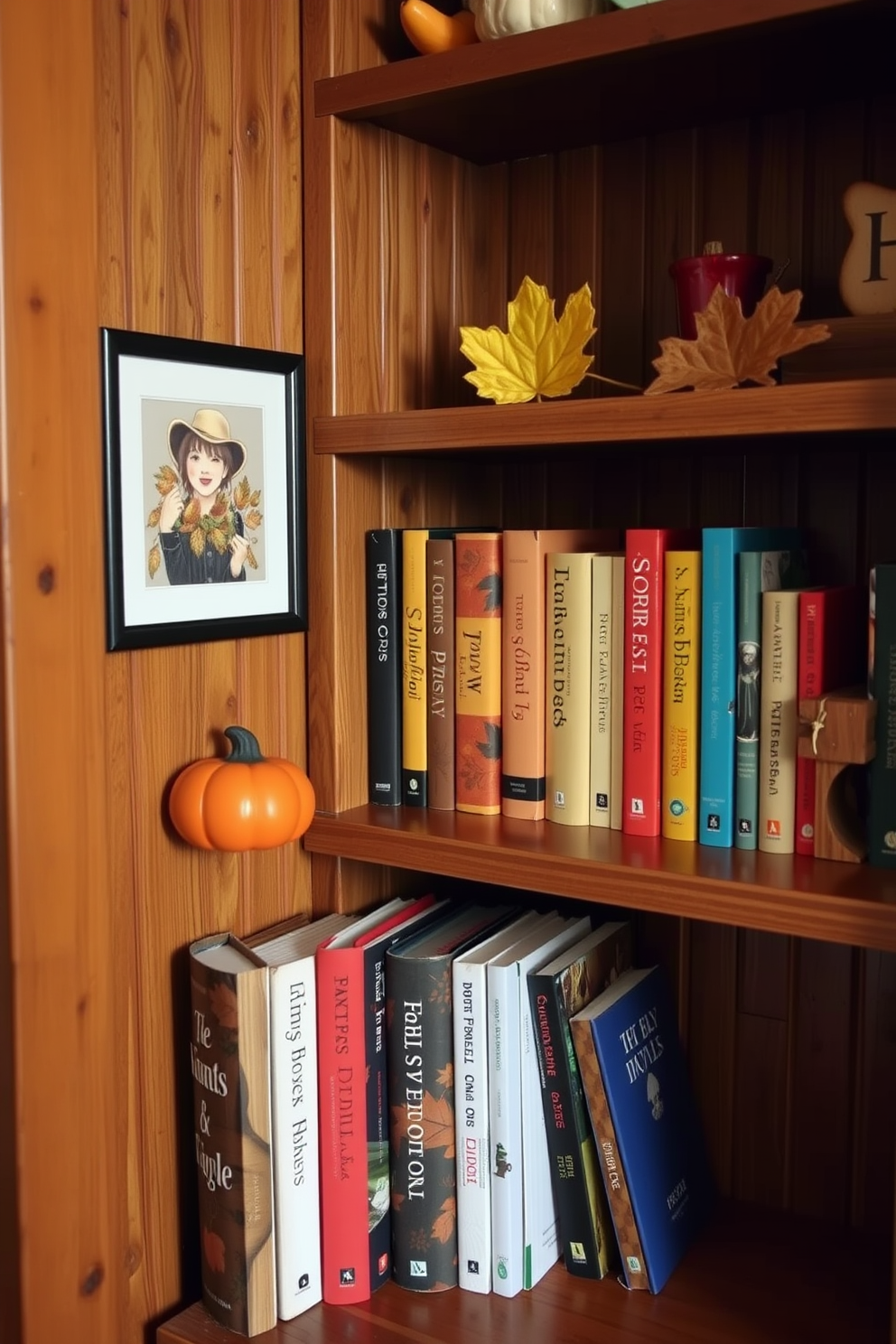 A cozy reading nook adorned with fall-themed bookends. The bookends are shaped like pumpkins and leaves, adding a festive touch to the wooden shelves filled with colorful autumn-themed books.