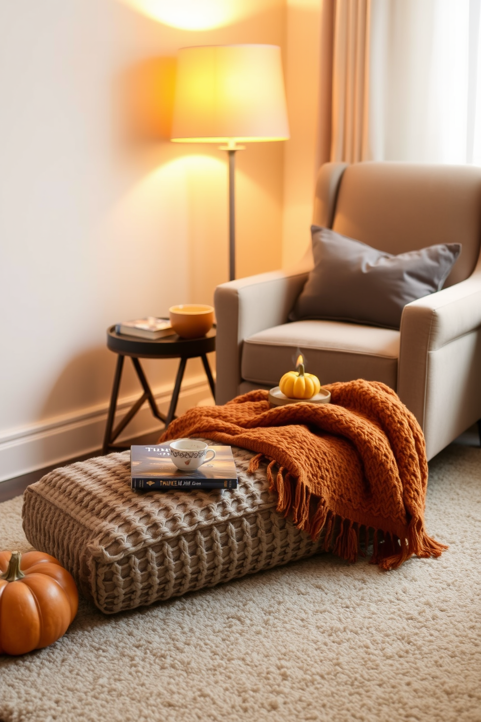 A cozy footrest made of soft knitted fabric sits in front of a plush armchair. The footrest is adorned with a warm, autumn-inspired throw blanket and a stack of seasonal books nearby. The reading nook is illuminated by a soft, golden-hued floor lamp that creates a warm ambiance. A small side table holds a steaming cup of tea and a decorative pumpkin to enhance the Thanksgiving theme.