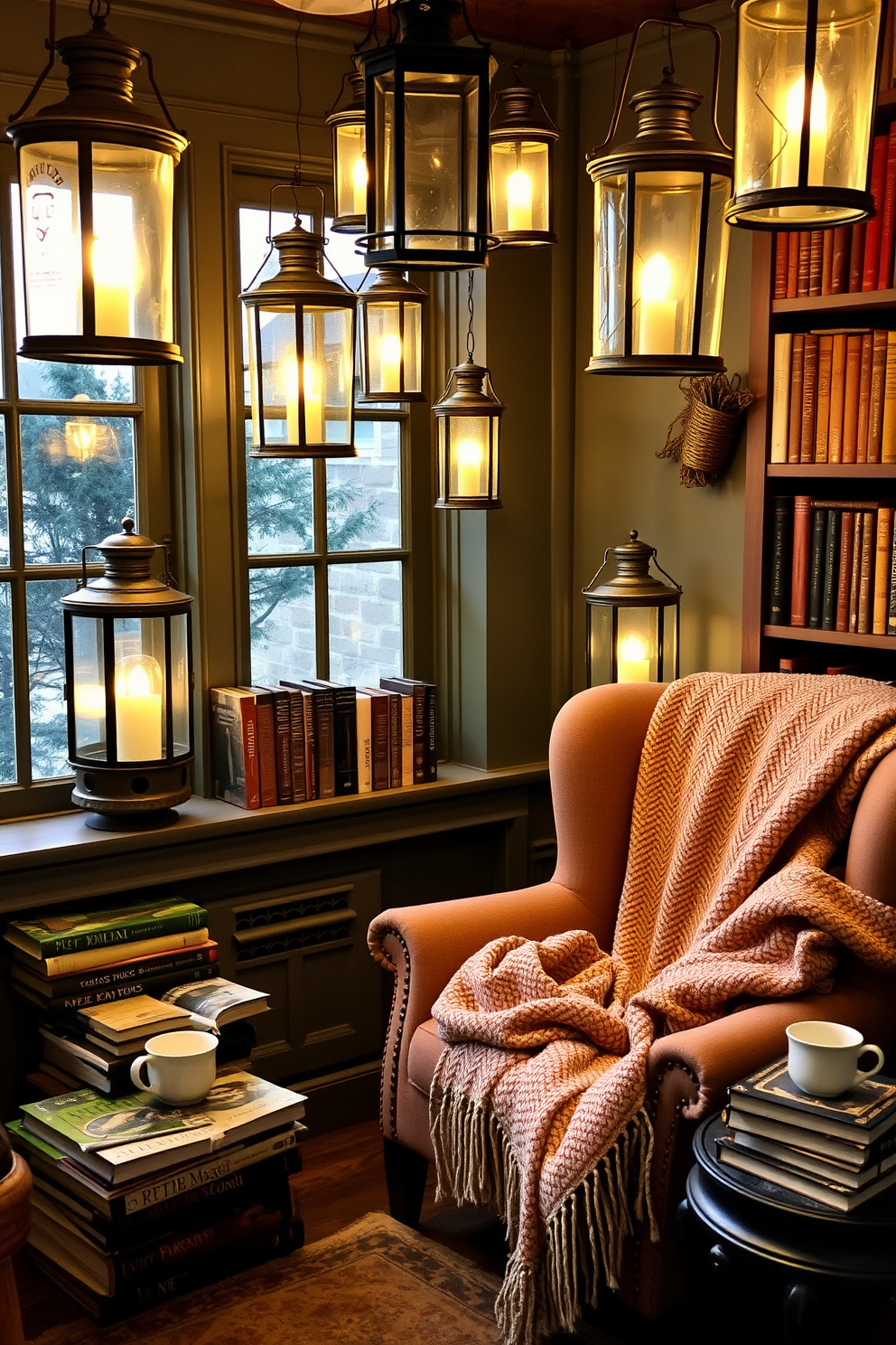 A cozy reading nook adorned with vintage lanterns providing soft ambient lighting. The space features a plush armchair draped with a warm throw blanket, surrounded by stacks of classic novels and a small side table for a steaming cup of tea.