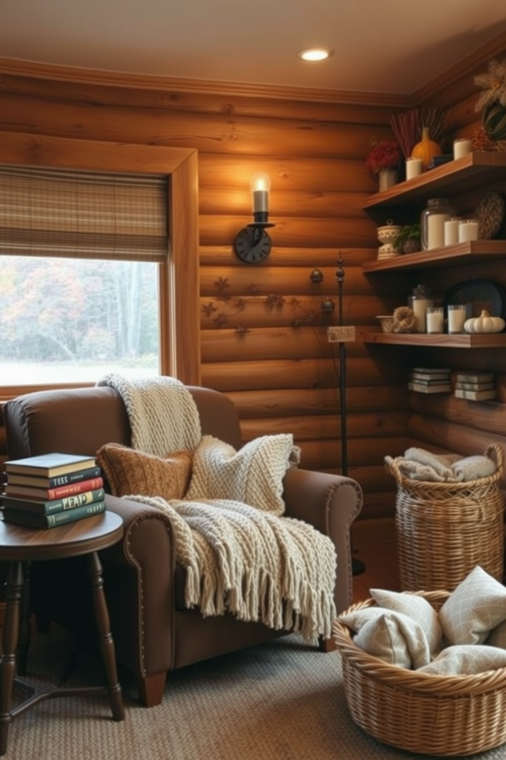 A cozy reading nook bathed in warm earthy tones creates a rustic atmosphere perfect for Thanksgiving. A plush armchair upholstered in deep brown fabric is paired with a chunky knit throw and a wooden side table adorned with a stack of seasonal books. The walls are lined with wooden shelves filled with autumn-themed decor and candles, casting a soft glow. A woven basket in the corner holds extra blankets, while a large window frames the view of a colorful fall landscape outside.