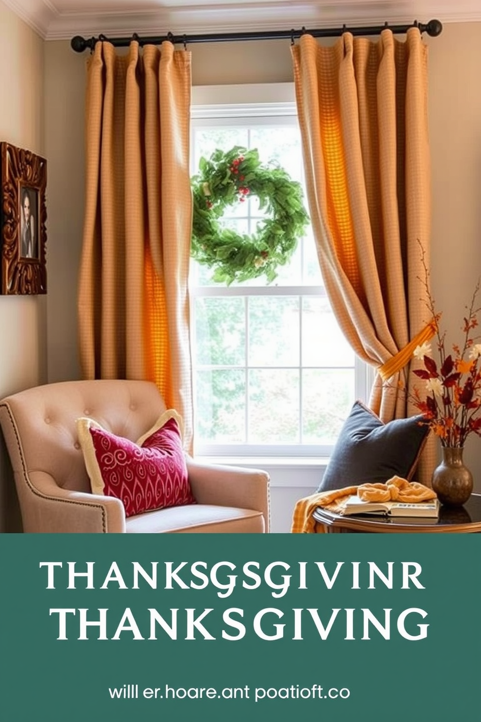 A cozy reading nook designed for Thanksgiving. Soft, textured curtains drape elegantly around the window, adding warmth and a touch of comfort to the space. A plush armchair is positioned near a small side table, inviting you to curl up with a good book. Accents of autumn colors in the cushions and throws enhance the seasonal atmosphere.