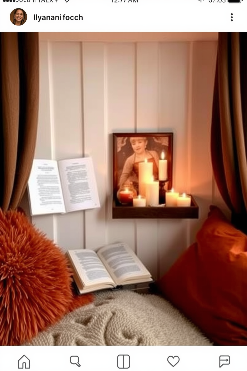 A cozy reading nook featuring a small side table adorned with an array of flickering candles. Plush cushions in warm autumn colors surround the space, inviting relaxation and comfort.