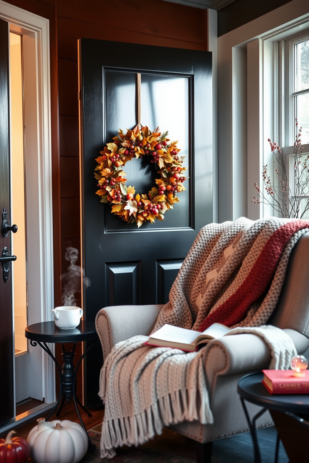 A seasonal wreath made of autumn leaves and berries adorns the front door, welcoming guests with a touch of Thanksgiving spirit. The vibrant colors of the wreath complement the warm tones of the surrounding exterior, creating an inviting atmosphere. Inside, a cozy reading nook is styled with a plush armchair draped in a soft knit blanket, perfect for curling up with a book. A small side table holds a steaming cup of tea and a stack of seasonal novels, while a nearby window lets in soft natural light, enhancing the serene ambiance.