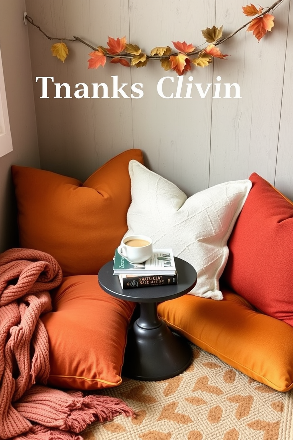 A cozy reading nook designed for Thanksgiving features comfortable floor cushions in warm autumnal colors. Surrounding the cushions are soft throws and a small side table holding a steaming cup of cider and a stack of seasonal books.