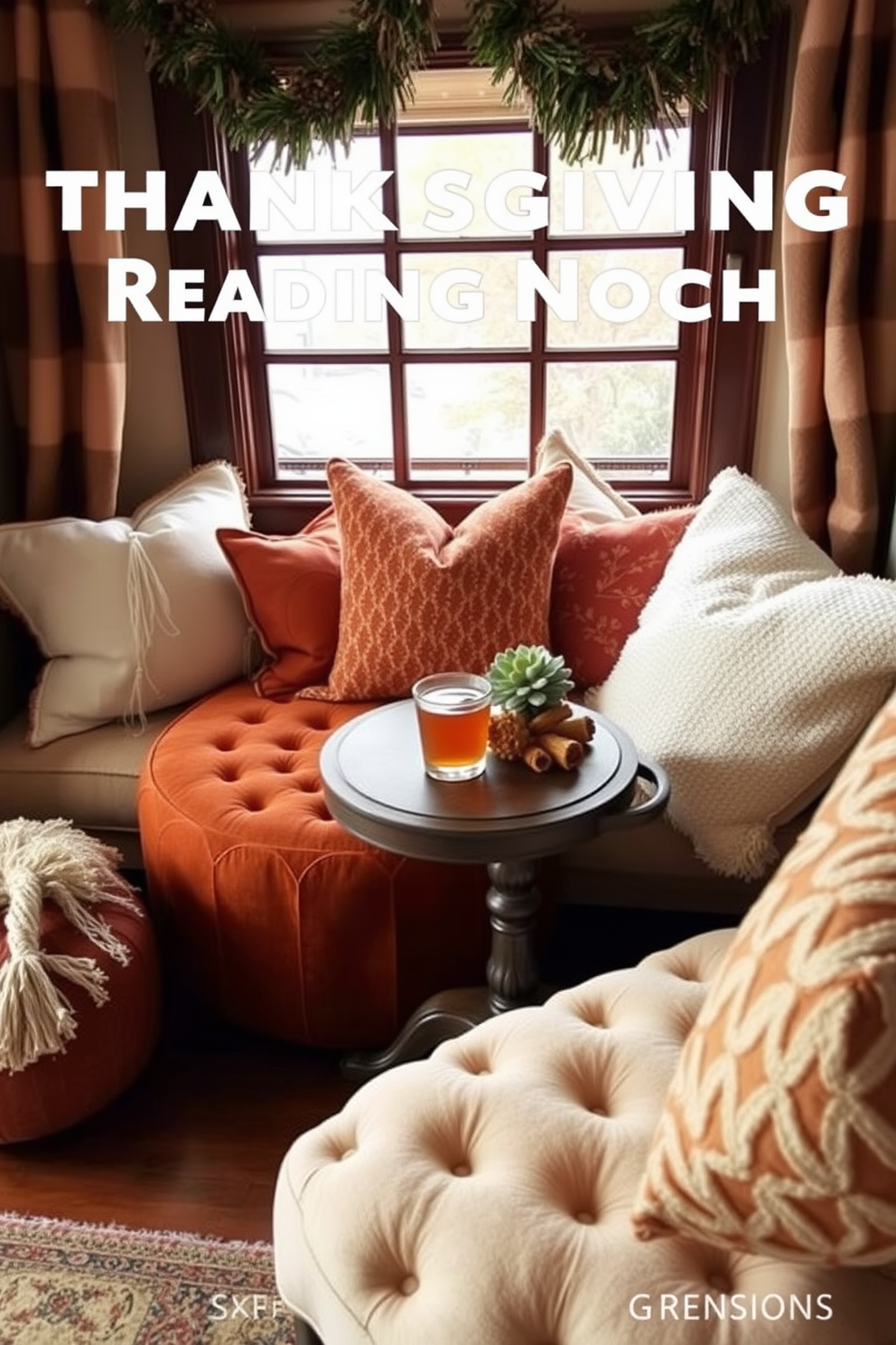 A cozy Thanksgiving reading nook features a plush pouf in warm autumn colors, providing extra seating for family gatherings. Soft, oversized pillows are arranged around a small wooden side table, where a steaming cup of cider rests alongside seasonal decor.