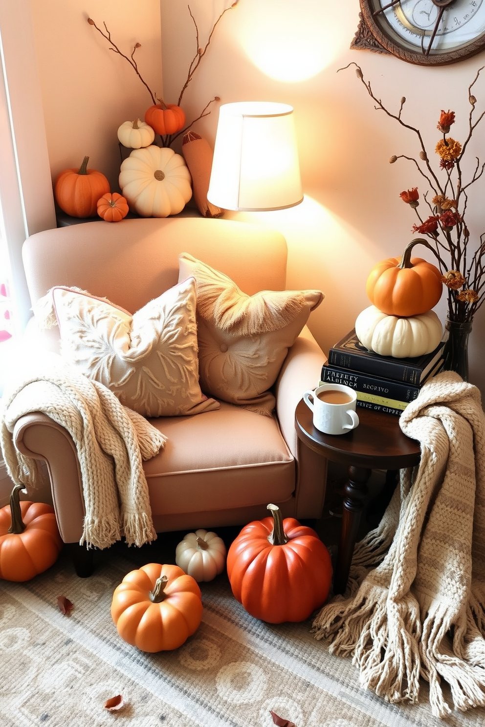 A cozy reading nook adorned with decorative pumpkins in various sizes creates a warm and inviting atmosphere. Plush cushions in autumn hues are scattered across a comfortable armchair, while a soft throw blanket drapes over the side. A small wooden side table holds a stack of seasonal books and a steaming cup of cider. The nook is illuminated by a gentle lamp, casting a soft glow that enhances the fall ambiance.