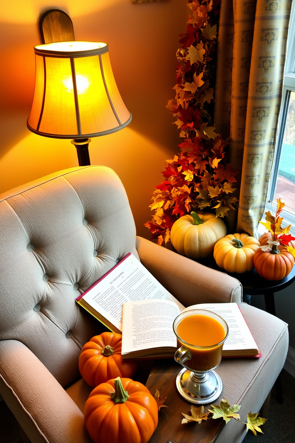 A cozy reading nook adorned for Thanksgiving. A plush armchair is positioned next to a reading lamp with a warm hue, casting a soft glow on the pages of a book. Surrounding the nook are autumn-themed decorations, including pumpkins and colorful leaves. A small side table holds a steaming cup of cider, inviting relaxation and comfort.