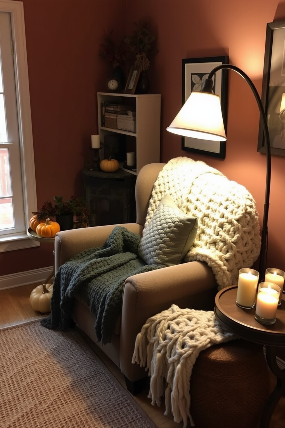 A cozy reading nook adorned with soft knitted throws draped over a plush armchair invites relaxation and warmth. The space is illuminated by a soft glow from a nearby floor lamp, creating an inviting atmosphere perfect for enjoying a good book during Thanksgiving gatherings. Decorative elements such as a small side table hold seasonal decor, including pumpkins and candles. The walls are painted in warm earthy tones, complemented by a textured rug that ties the space together, enhancing the overall comfort of the nook.