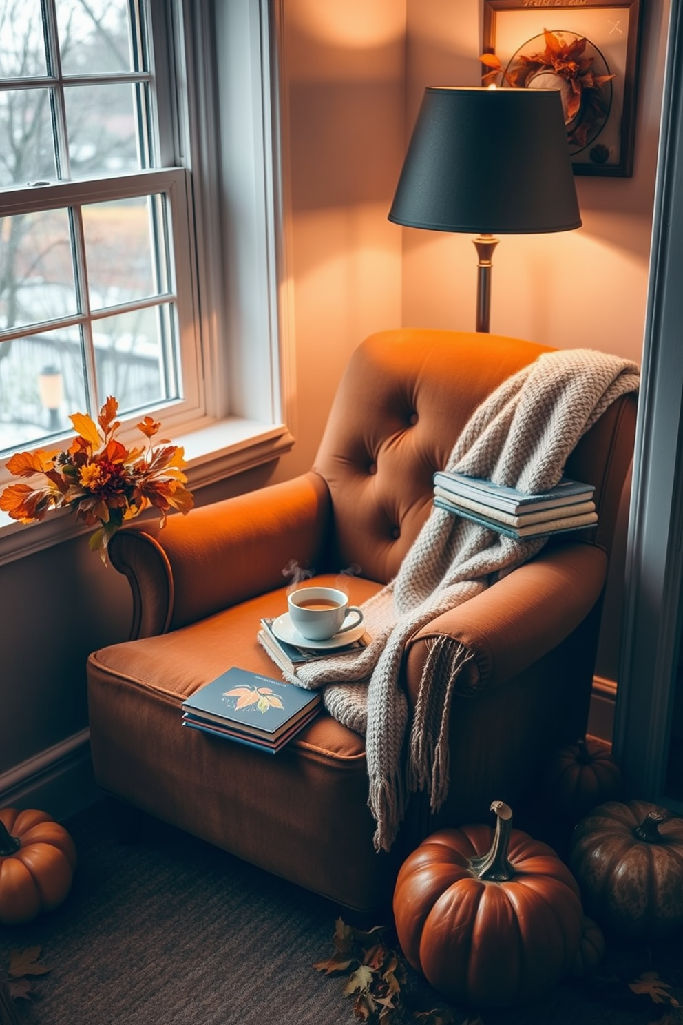 A cozy nook by the window features a plush armchair upholstered in warm tones. A soft throw blanket drapes over the armrest, and a small side table holds a steaming cup of tea and a stack of seasonal books. Surrounding the nook are decorative pumpkins and autumn leaves, adding a festive touch. A gentle glow from a nearby lamp creates an inviting atmosphere perfect for reading on a chilly Thanksgiving afternoon.