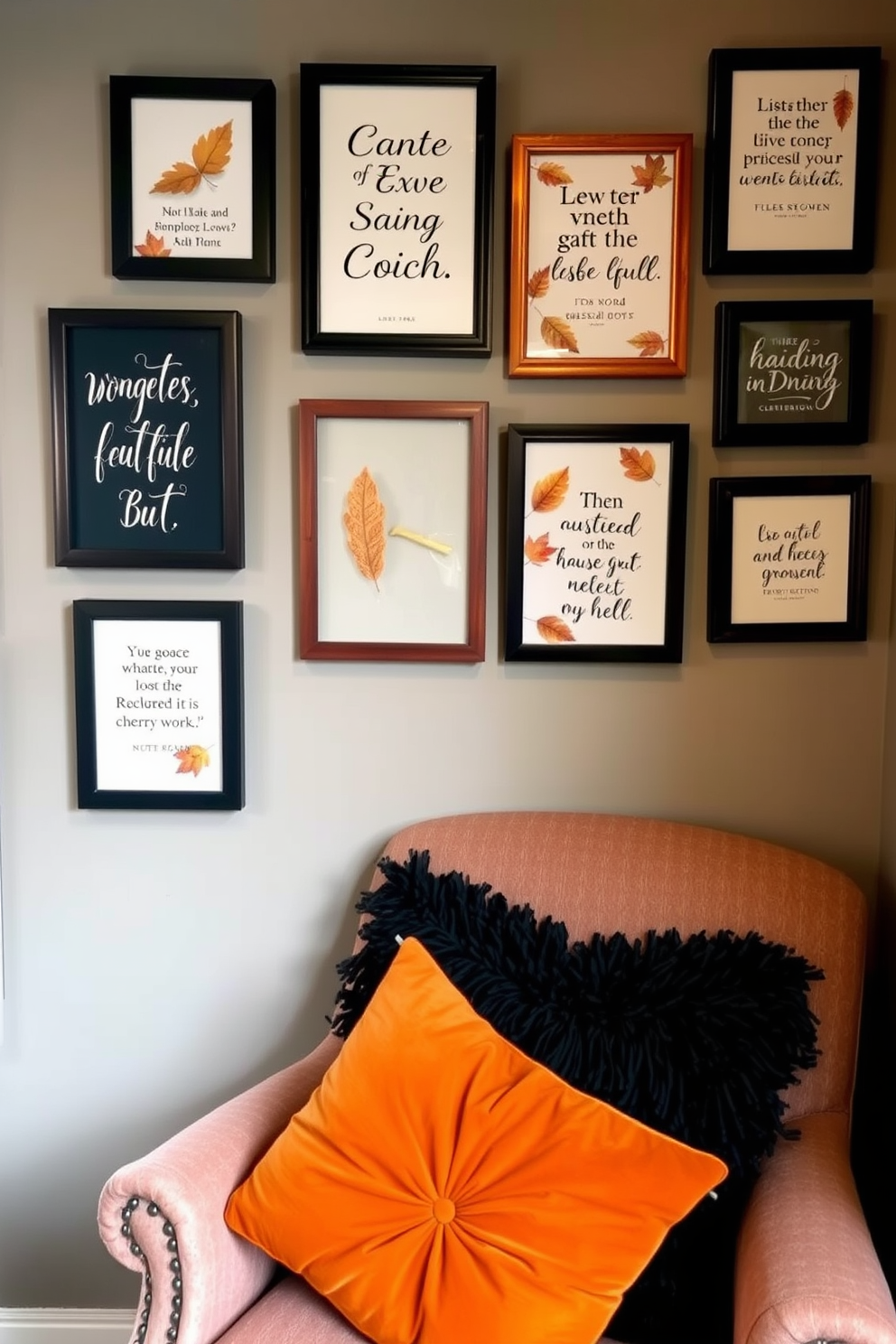 A cozy reading nook adorned with seasonal quotes framed on the wall. Plush cushions in warm autumn colors are scattered on a comfortable armchair, inviting relaxation and reflection.