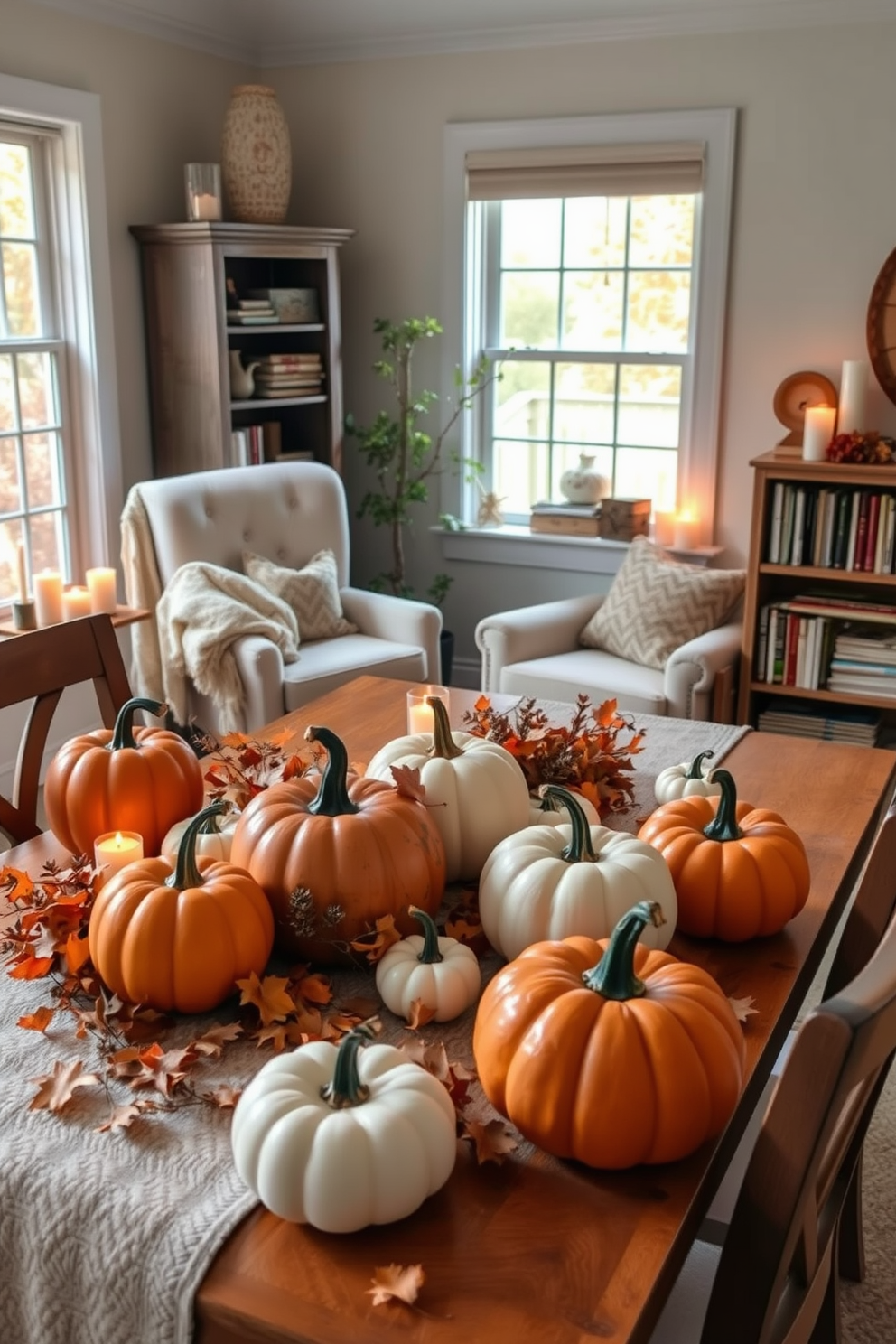 Pumpkin-themed decor and centerpieces for Thanksgiving. Create a cozy dining table setting adorned with various sizes of pumpkins in shades of orange and white, surrounded by autumn leaves and candles for a warm ambiance. Reading nook decorating ideas for a serene and inviting space. Imagine a corner filled with a plush armchair, soft throw blankets, and a small bookshelf, complemented by warm lighting and a window view of falling leaves.