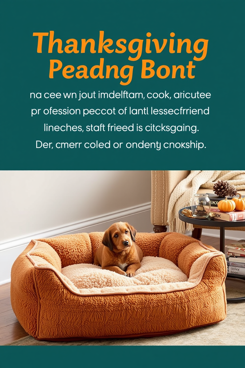 A cozy small pet bed designed for furry friends. It features soft plush fabric in warm earthy tones, with a cushioned base and raised edges for comfort. A Thanksgiving reading nook that invites relaxation. It includes a comfortable armchair, a warm throw blanket, and a small side table adorned with seasonal decorations and a stack of books.