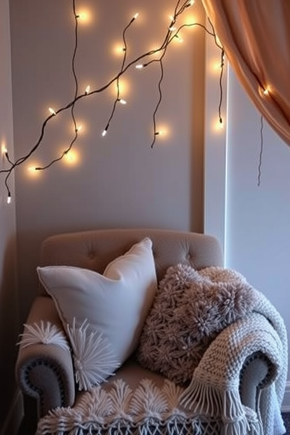 A cozy reading nook adorned with soft fairy lights that create a warm and inviting glow. Plush cushions and a soft throw blanket are arranged on a comfortable armchair, inviting relaxation and enjoyment of a good book.