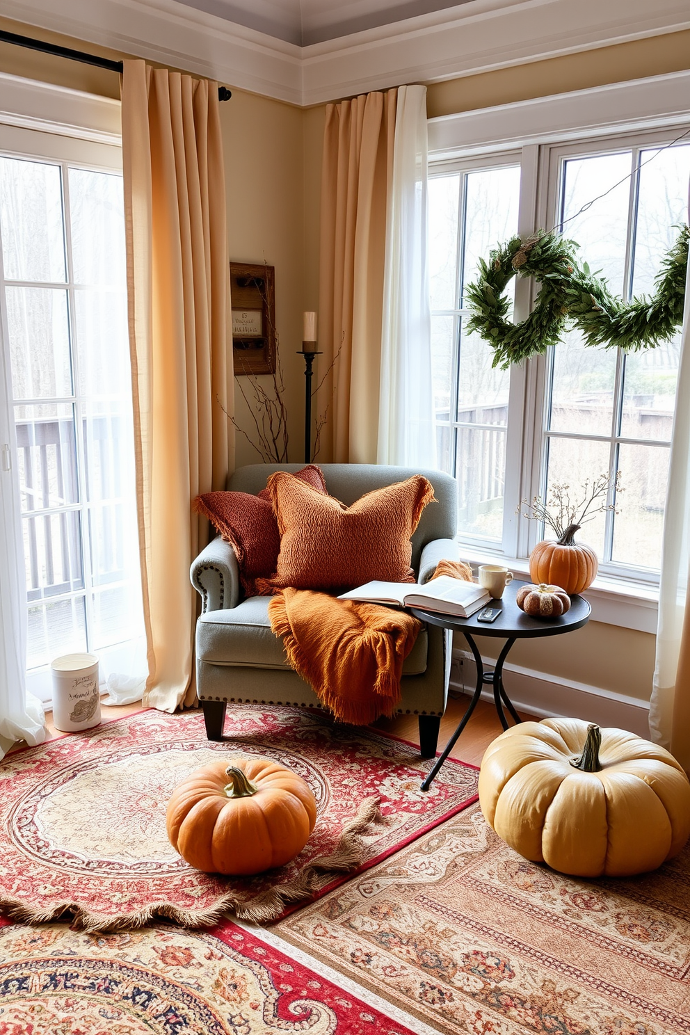 A cozy reading nook designed for Thanksgiving features layered rugs that add warmth and texture to the space. Plush cushions in autumn colors are arranged on a comfortable armchair, creating an inviting atmosphere for enjoying a good book. Natural light filters through large windows adorned with soft, sheer curtains. A small side table holds a steaming cup of cider and a decorative pumpkin, enhancing the seasonal charm of the nook.