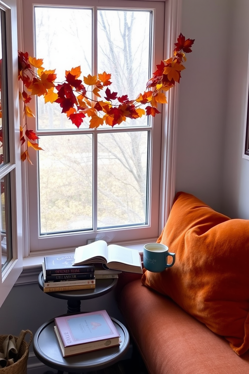 A cozy reading nook adorned with an autumn leaves garland draped along the window frame. Plush cushions in warm tones create an inviting atmosphere, while a small side table holds a stack of seasonal books and a steaming cup of tea.