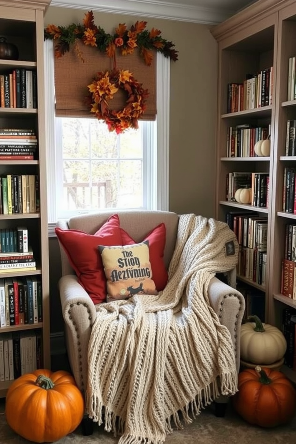 A cozy reading nook adorned for Thanksgiving features a plush armchair draped with a warm, knitted throw. Surrounding the nook are bookshelves filled with seasonal reads, showcasing autumn-themed books and decorative pumpkins.