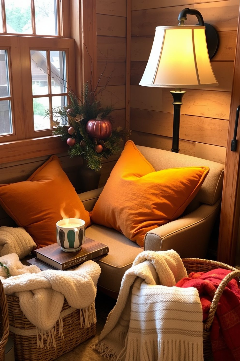 A cozy reading nook designed for Thanksgiving features warm wooden accents that create an inviting atmosphere. Plush cushions in autumn colors are scattered on a comfortable armchair, while a small wooden side table holds a steaming cup of cider and a stack of seasonal books. Soft lighting from a nearby lamp casts a gentle glow, enhancing the nook's warmth. A woven basket filled with cozy blankets sits nearby, inviting you to snuggle up and enjoy a good read during the holiday season.