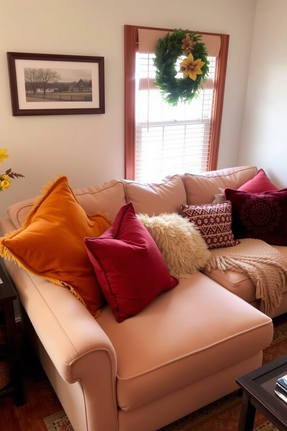 A cozy small living room adorned with warm autumn colors. Throw pillows in shades of orange, yellow, and deep red are scattered across a plush beige sofa, creating an inviting atmosphere.