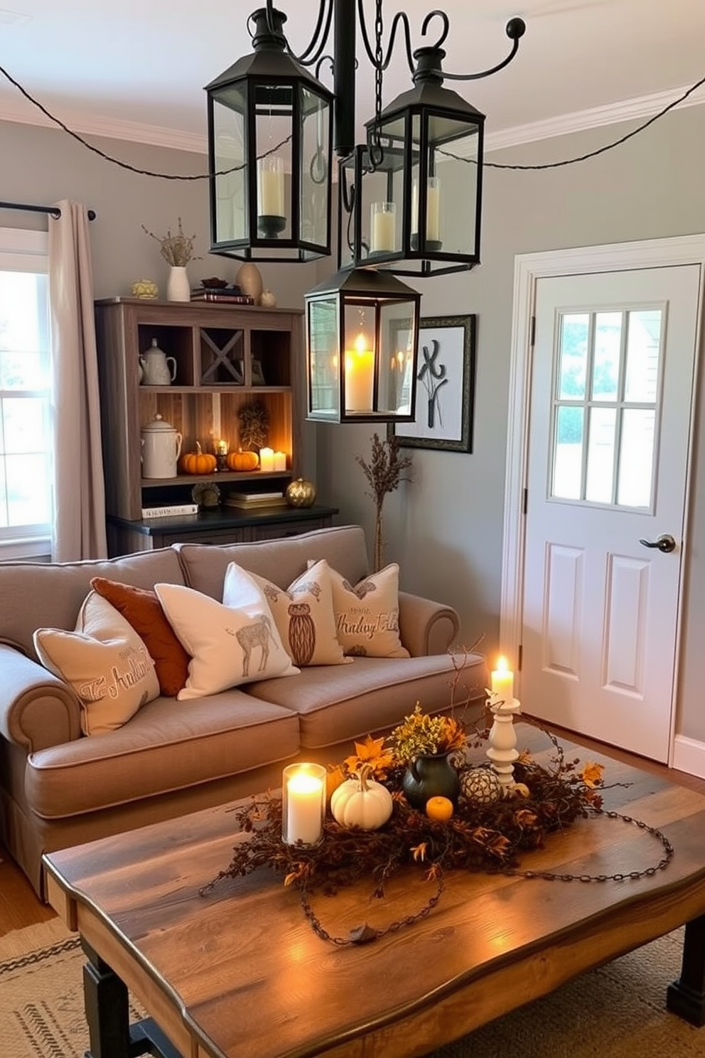 A cozy small living room adorned with vintage lanterns that cast a warm and inviting glow. The space features a plush sofa with autumn-themed cushions and a rustic coffee table decorated with seasonal elements for Thanksgiving.