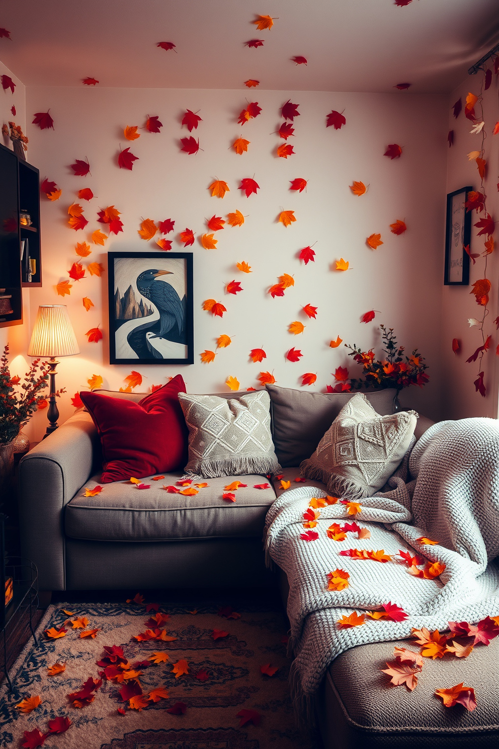 A cozy small living room adorned with colorful leaves scattered across the surfaces. The warm tones of autumn create an inviting atmosphere, complemented by plush cushions and a soft throw blanket on the sofa.