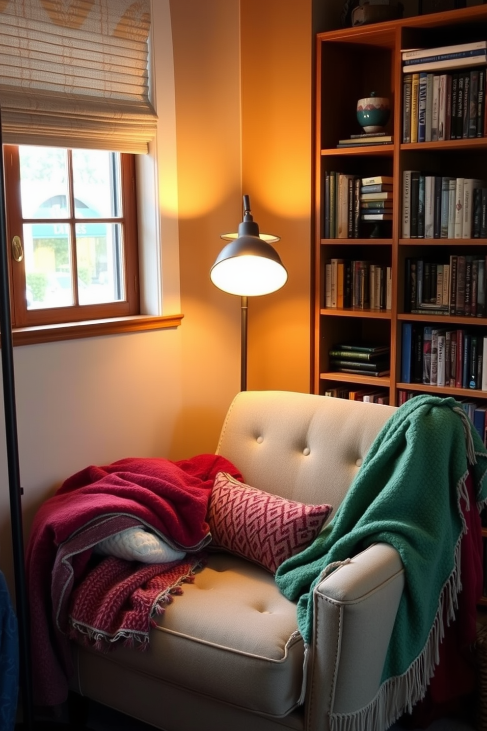 A cozy reading nook featuring a plush armchair upholstered in soft fabric. Surrounding the chair are various colorful blankets draped over a small side table, inviting relaxation. The nook is illuminated by a warm floor lamp, casting a gentle glow across the space. A nearby bookshelf is filled with an assortment of books and decorative items, adding a personal touch to the room.