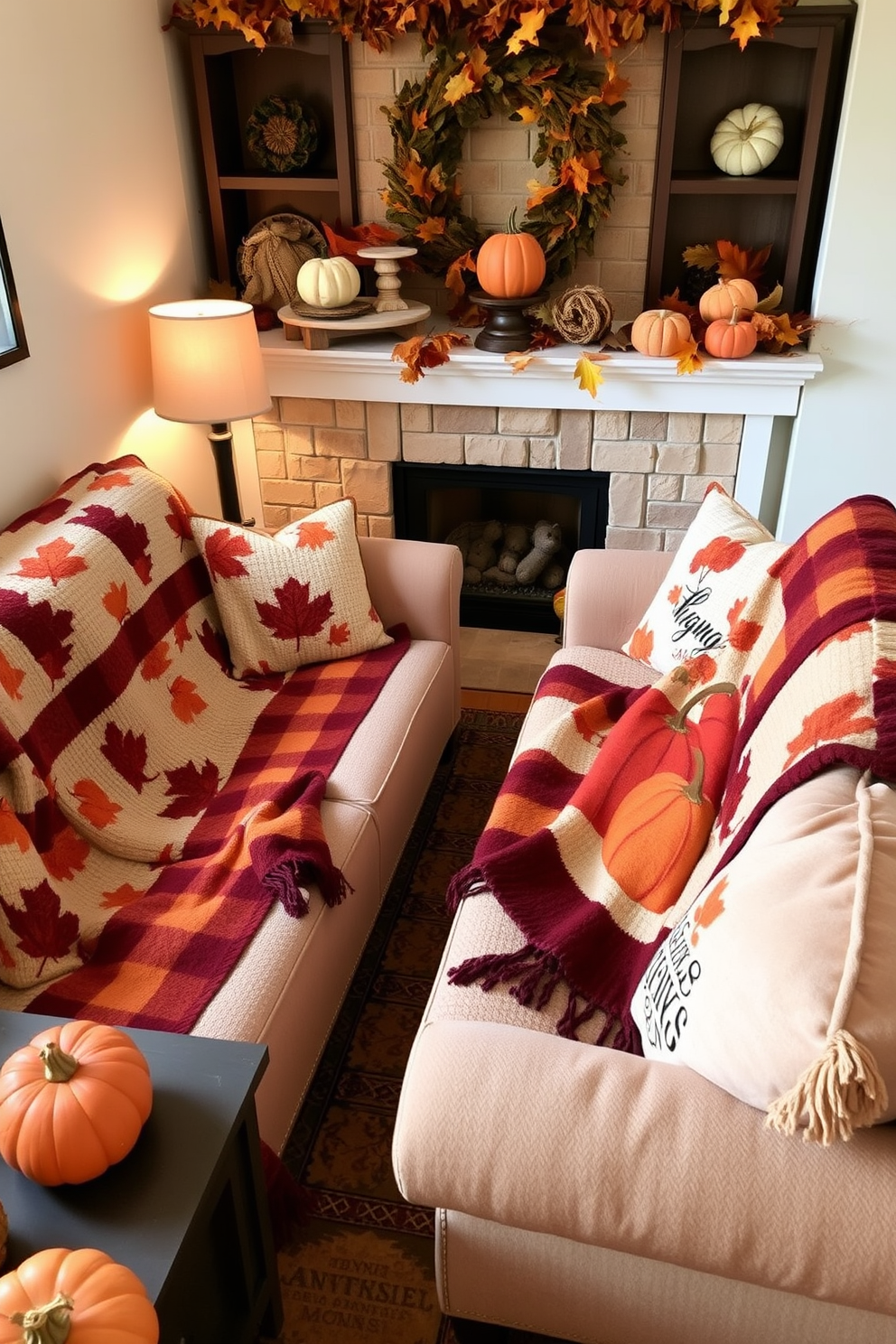 A cozy small living room adorned with Thanksgiving-themed throw blankets draped over plush sofas. The decor features warm autumn colors with pumpkins and fall leaves accentuating the space, creating an inviting atmosphere for family gatherings.