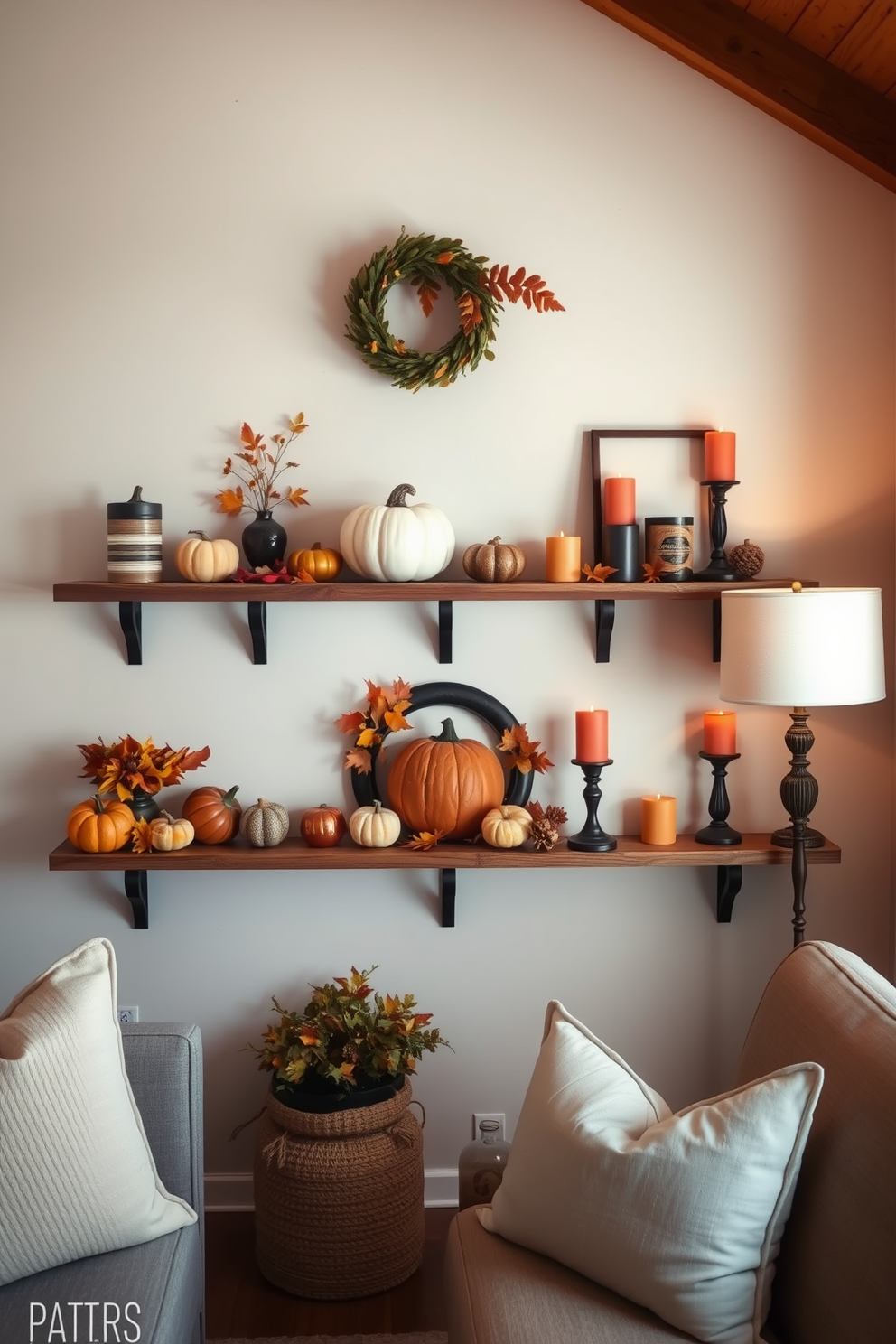 A cozy small living room featuring wall-mounted shelves adorned with seasonal Thanksgiving decor. The shelves display a mix of pumpkins, autumn leaves, and warm-toned candles, creating an inviting atmosphere.