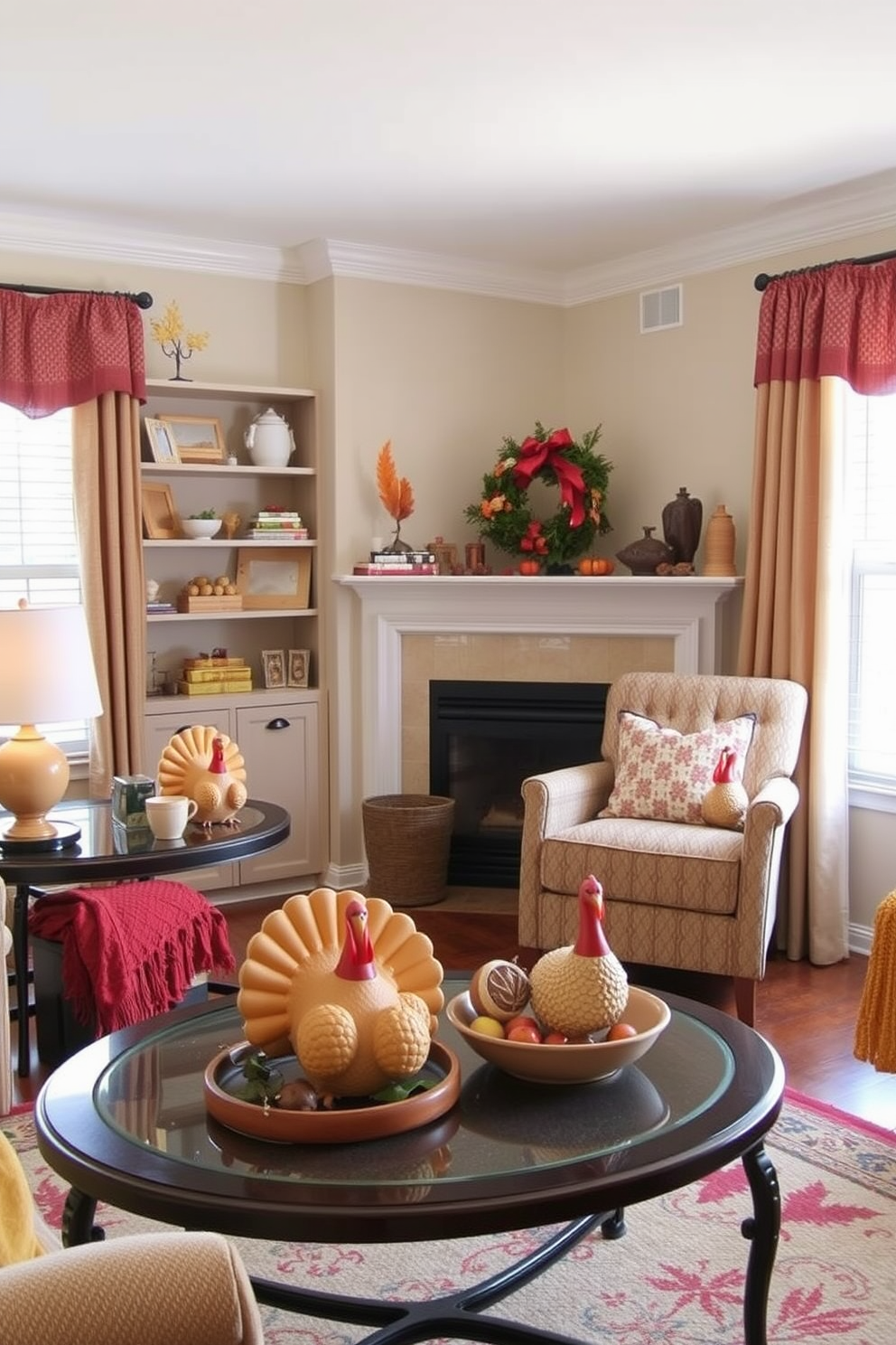 Charming turkey figurines are placed on various tables throughout the small living room, adding a festive touch to the decor. The room features warm autumnal colors with cozy textiles and seasonal accents to create a welcoming atmosphere for Thanksgiving gatherings.