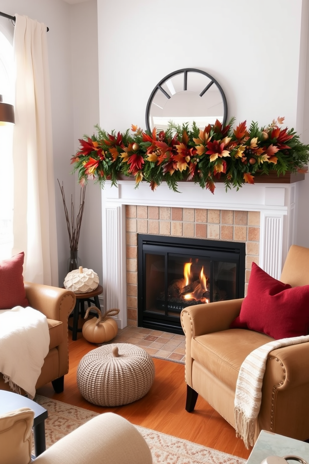 A cozy small living room adorned with a seasonal garland draped gracefully over the mantel. The garland features rich autumn colors, with hints of orange, gold, and deep red, perfectly complementing the warm tones of the room.