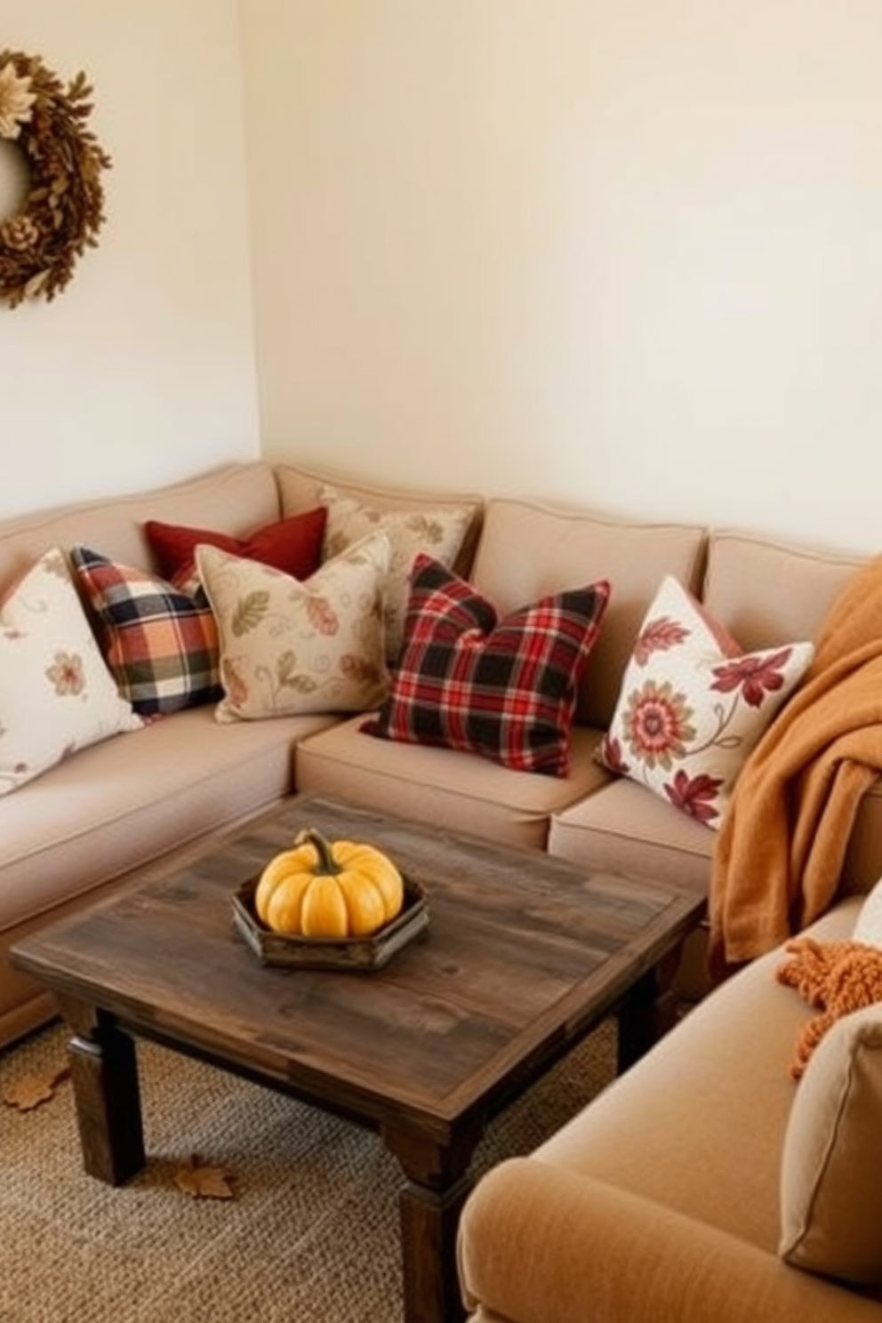 A cozy small living room adorned with a mix of seasonal cushions in warm autumn colors. The cushions feature various patterns including plaid and floral, arranged on a soft neutral sofa to create an inviting atmosphere. A rustic wooden coffee table sits in the center, decorated with a small pumpkin and a warm throw blanket draped over the arm of the sofa. The walls are painted in a soft beige, complementing the rich hues of the cushions and enhancing the overall warmth of the space.