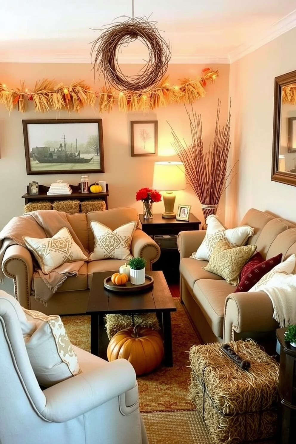 A cozy small living room adorned with miniature hay bales creates a rustic charm for Thanksgiving. The space features a warm color palette with soft blankets draped over a comfortable sofa and seasonal decor scattered throughout.