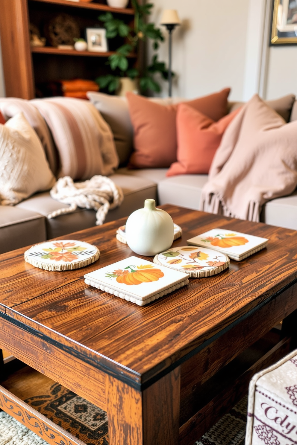 Thanksgiving themed coasters are beautifully arranged on a rustic wooden coffee table. The small living room features warm autumn colors with plush cushions and a cozy throw blanket draped over the sofa.