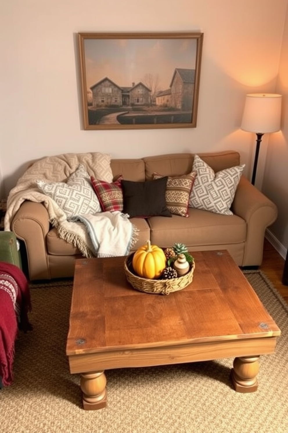 Layered textures create a warm and inviting atmosphere in a small living room. Soft, cozy blankets are artfully draped over a plush sofa, complemented by a mix of patterned throw pillows. A rustic wooden coffee table sits at the center, adorned with seasonal decorations and a small pumpkin. The room is illuminated by warm lighting, enhancing the rich colors and textures throughout the space.