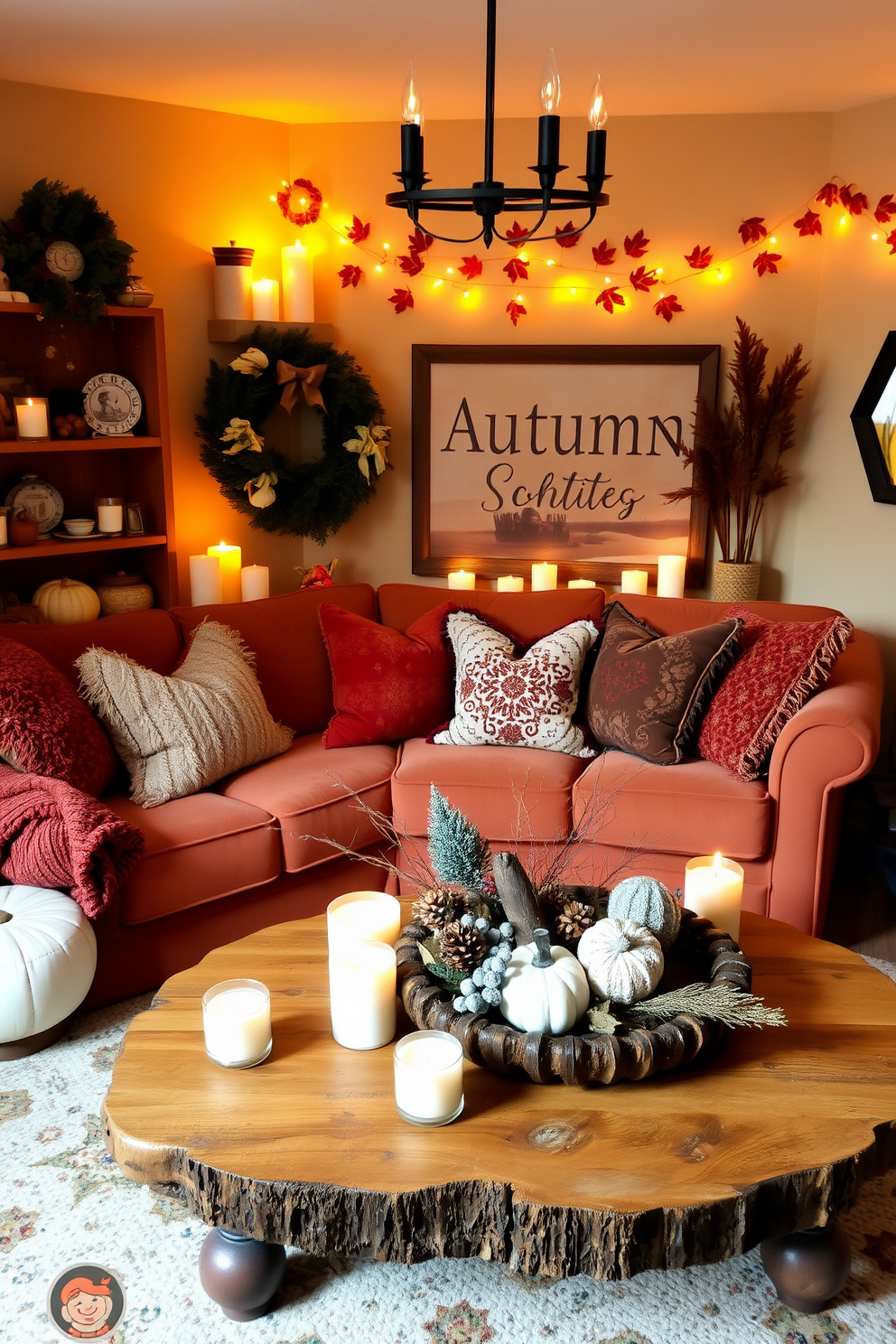 A cozy small living room adorned with autumn scented candles creating an inviting aroma. The space features a plush sofa in warm tones, complemented by soft throw pillows and a rustic coffee table adorned with seasonal decorations.