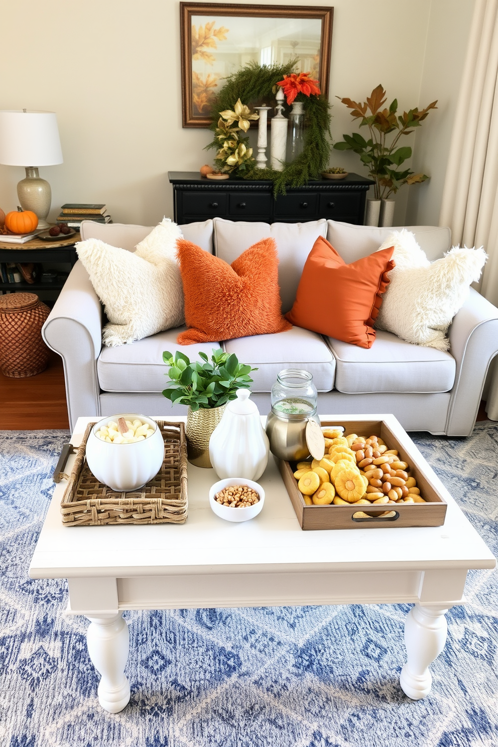 A cozy small living room adorned for Thanksgiving features a stylish coffee table topped with decorative trays filled with seasonal snacks. Plush cushions in warm autumn hues are arranged on a comfortable sofa, creating an inviting atmosphere perfect for gatherings.