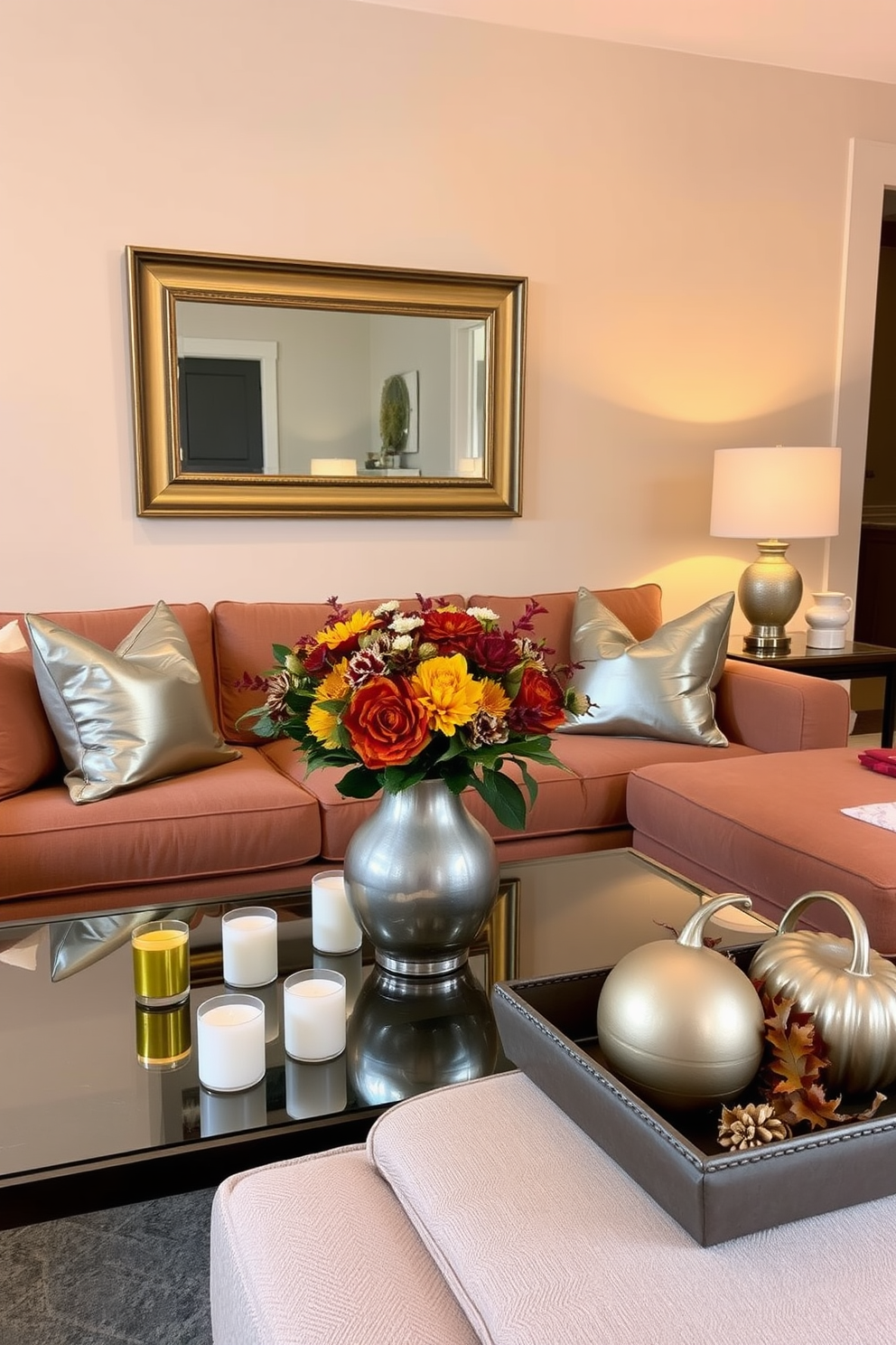 A cozy living room adorned for Thanksgiving features a plush sofa in warm tones accented with metallic throw pillows. A stylish coffee table showcases a centerpiece of seasonal flowers in a metallic vase surrounded by decorative candles. The walls are painted in a soft beige, while a statement mirror with a gold frame reflects the warm glow of the room. A beautifully set side table holds a decorative tray with autumn-themed decor and a metallic accent piece, enhancing the elegance of the space.