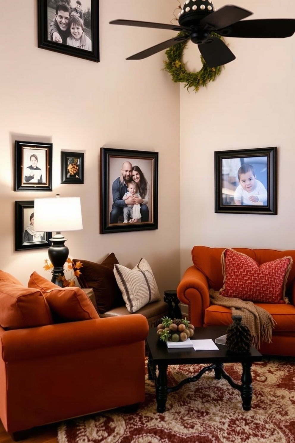 A cozy small living room adorned with framed family photos in elegant fall-themed frames. The warm color palette features rich oranges and deep browns, complemented by a plush area rug and seasonal decorations.