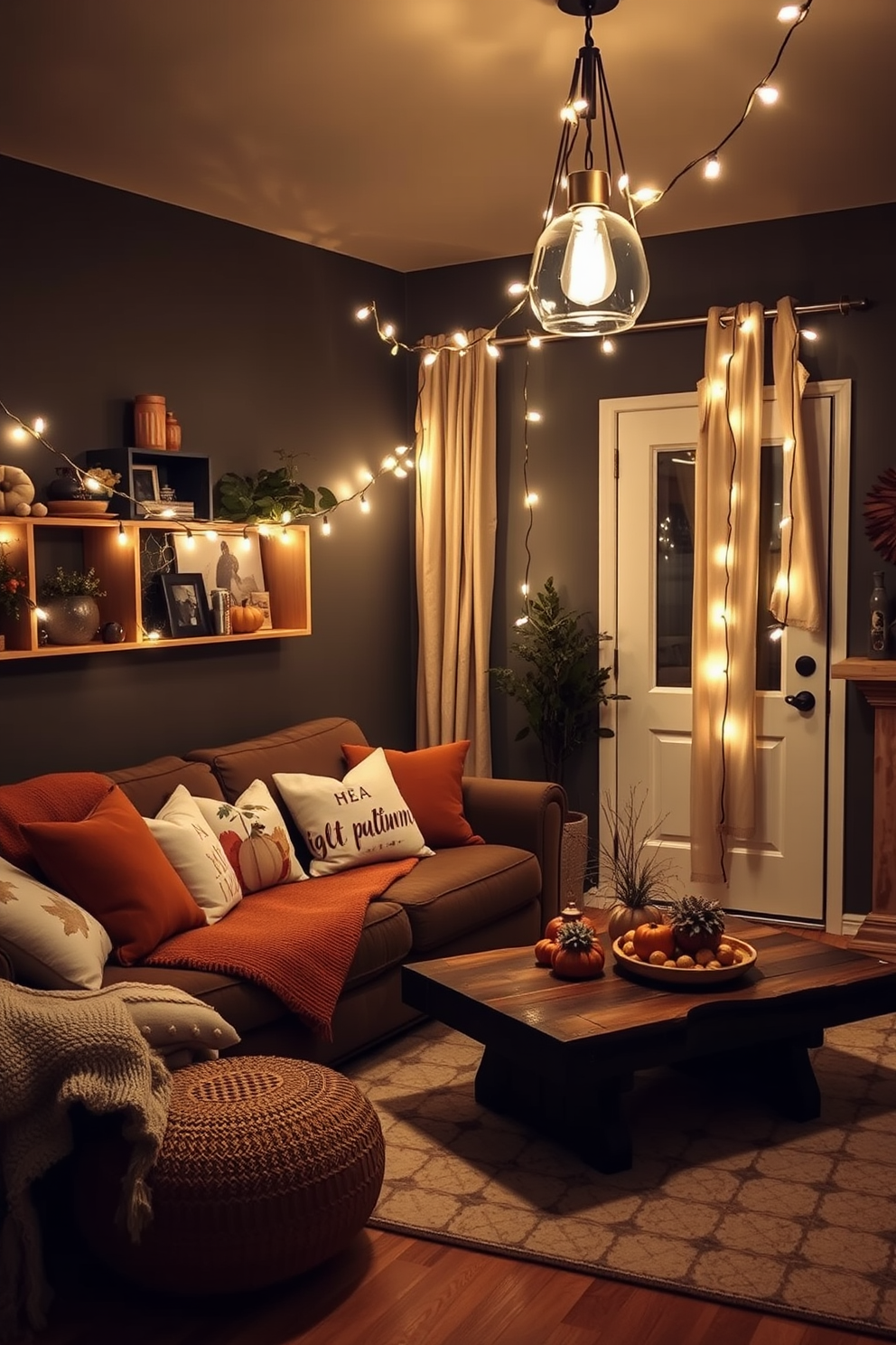 A cozy small living room adorned with hanging string lights that create a warm and inviting glow. The space features a plush sofa with autumn-themed cushions and a rustic coffee table topped with seasonal decorations.