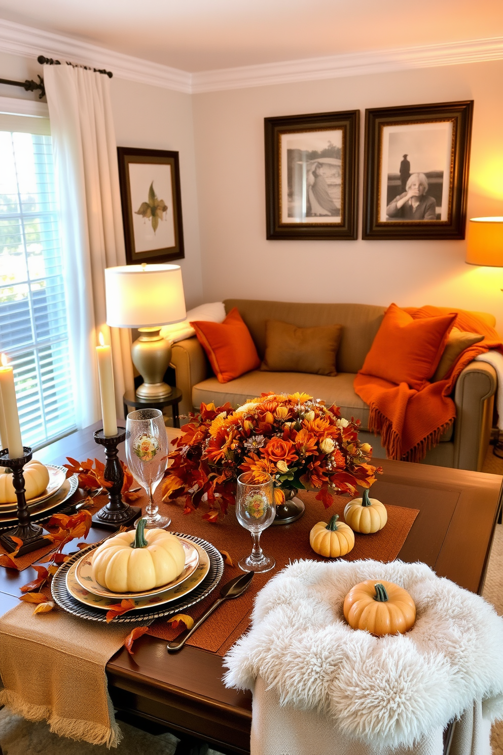 A cozy Thanksgiving table setting adorned with autumn leaves and pumpkins. The table is set with elegant china featuring fall motifs, surrounded by warm candlelight and rich, earthy tones. A small living room decorated for the season with plush throw blankets and decorative pillows in shades of orange and gold. A centerpiece of seasonal flowers sits on the coffee table, complemented by soft lighting from a stylish lamp.