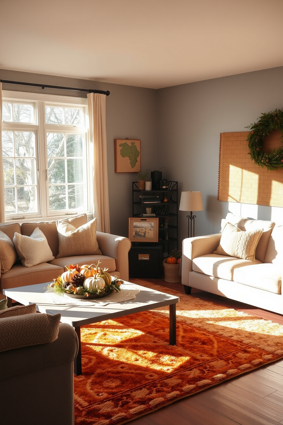 A cozy small living room adorned with soft area rugs in warm colors that create an inviting atmosphere. The space features a comfortable sofa with plush cushions and a coffee table topped with seasonal decorations for Thanksgiving.