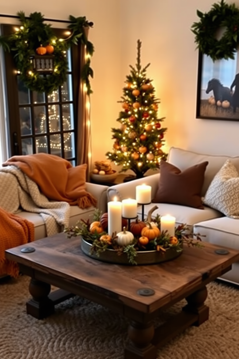 A cozy small living room adorned for Thanksgiving. A small Thanksgiving tree stands in the corner, decorated with miniature pumpkins and warm string lights, creating a festive atmosphere. A plush sofa is covered with soft, textured throw blankets in autumn colors. A rustic coffee table is topped with a centerpiece of candles and seasonal foliage, inviting warmth and comfort.