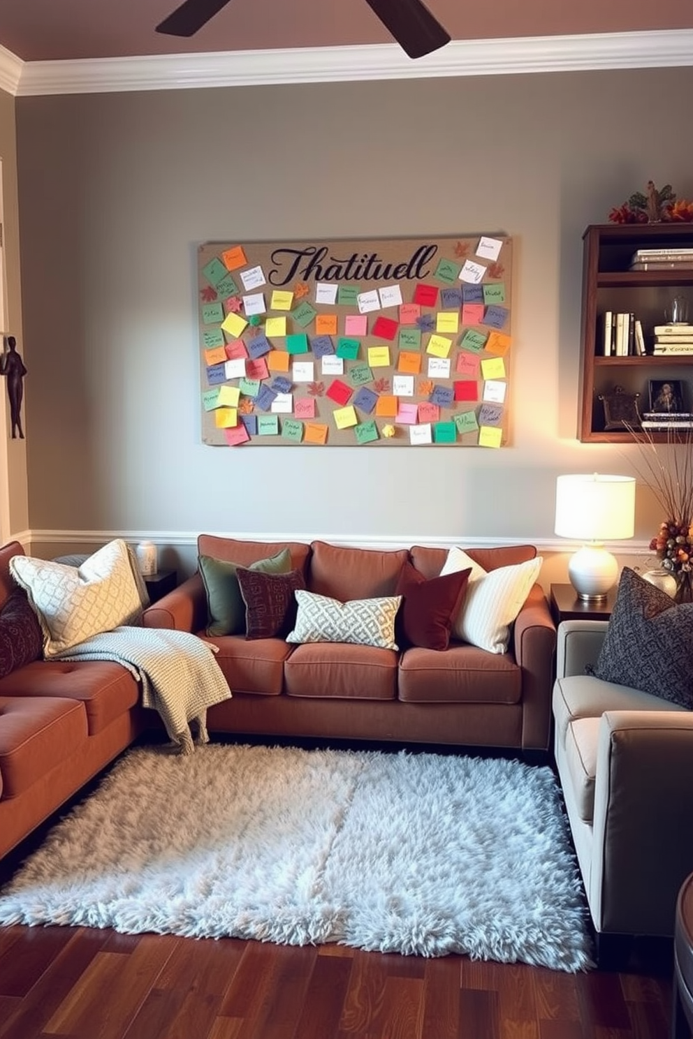 A cozy living room adorned with a gratitude board on the wall, showcasing handwritten notes of thankfulness in various colors. The space features a warm color palette with plush seating, a soft area rug, and seasonal decorations that evoke the spirit of Thanksgiving.