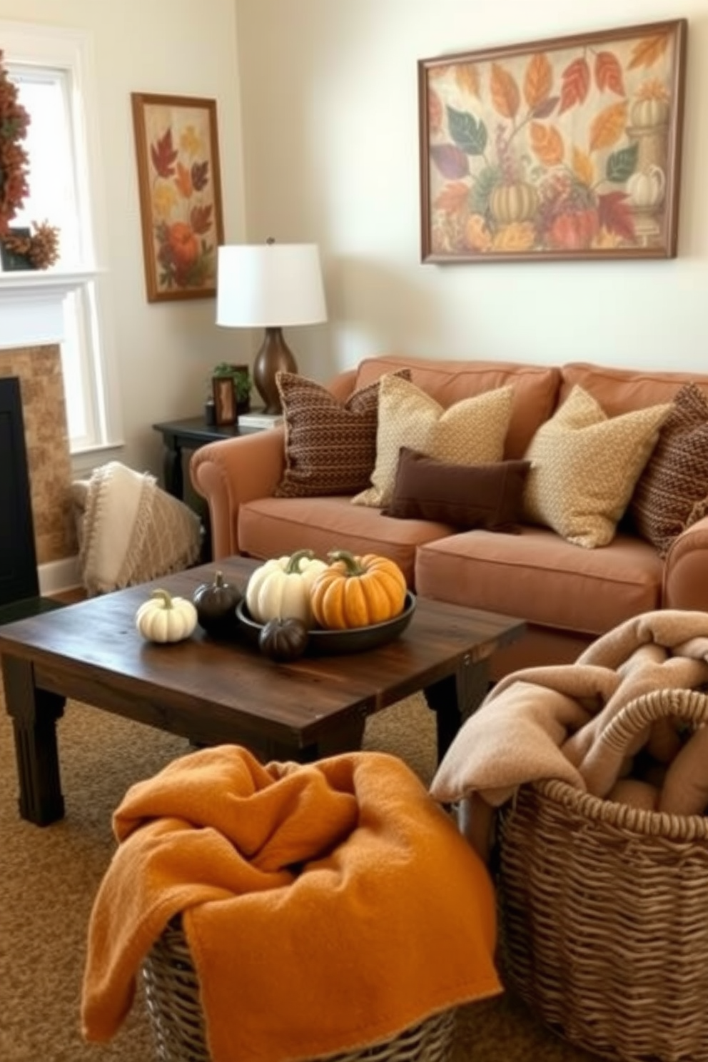 A cozy small living room decorated for Thanksgiving features a warm color palette with earthy tones. Natural elements like pumpkins and gourds are artfully arranged on a rustic coffee table, complemented by soft, textured throw pillows on a comfortable sofa. The walls are adorned with seasonal artwork showcasing autumn leaves and harvest themes. A woven basket filled with cozy blankets sits in the corner, inviting relaxation and warmth during the holiday season.