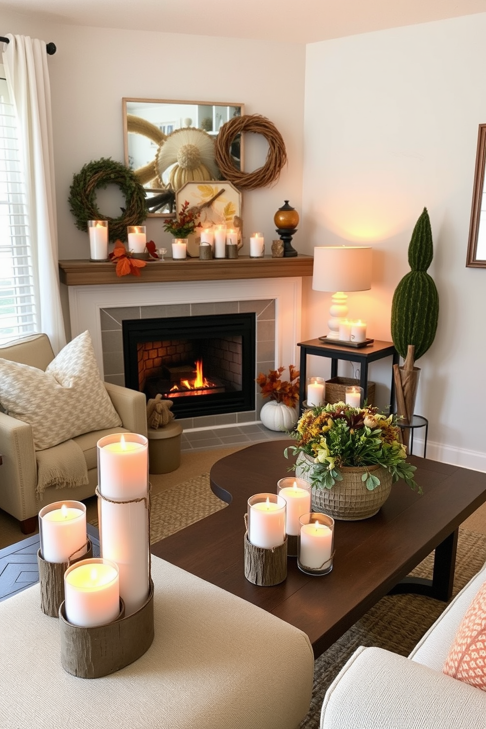 A cozy small living room decorated for Thanksgiving features candles in rustic holders scattered throughout the space. The warm glow of the candles enhances the inviting atmosphere, complemented by autumn-themed decor and plush seating arrangements.