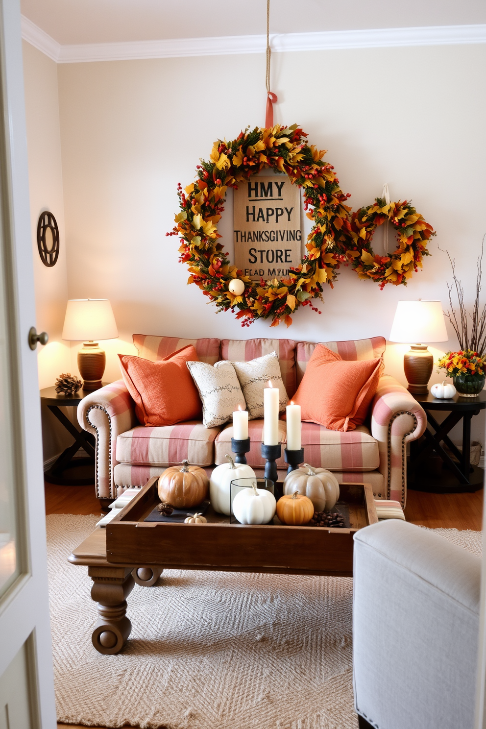 A charming small living room decorated for Thanksgiving. A seasonal wreath made of autumn leaves and berries adorns the front door, welcoming guests with a touch of festive warmth. Inside, the living room features a cozy arrangement of a plush sofa with decorative pillows in warm tones. A rustic coffee table is topped with a centerpiece of pumpkins and candles, creating an inviting atmosphere for gatherings.